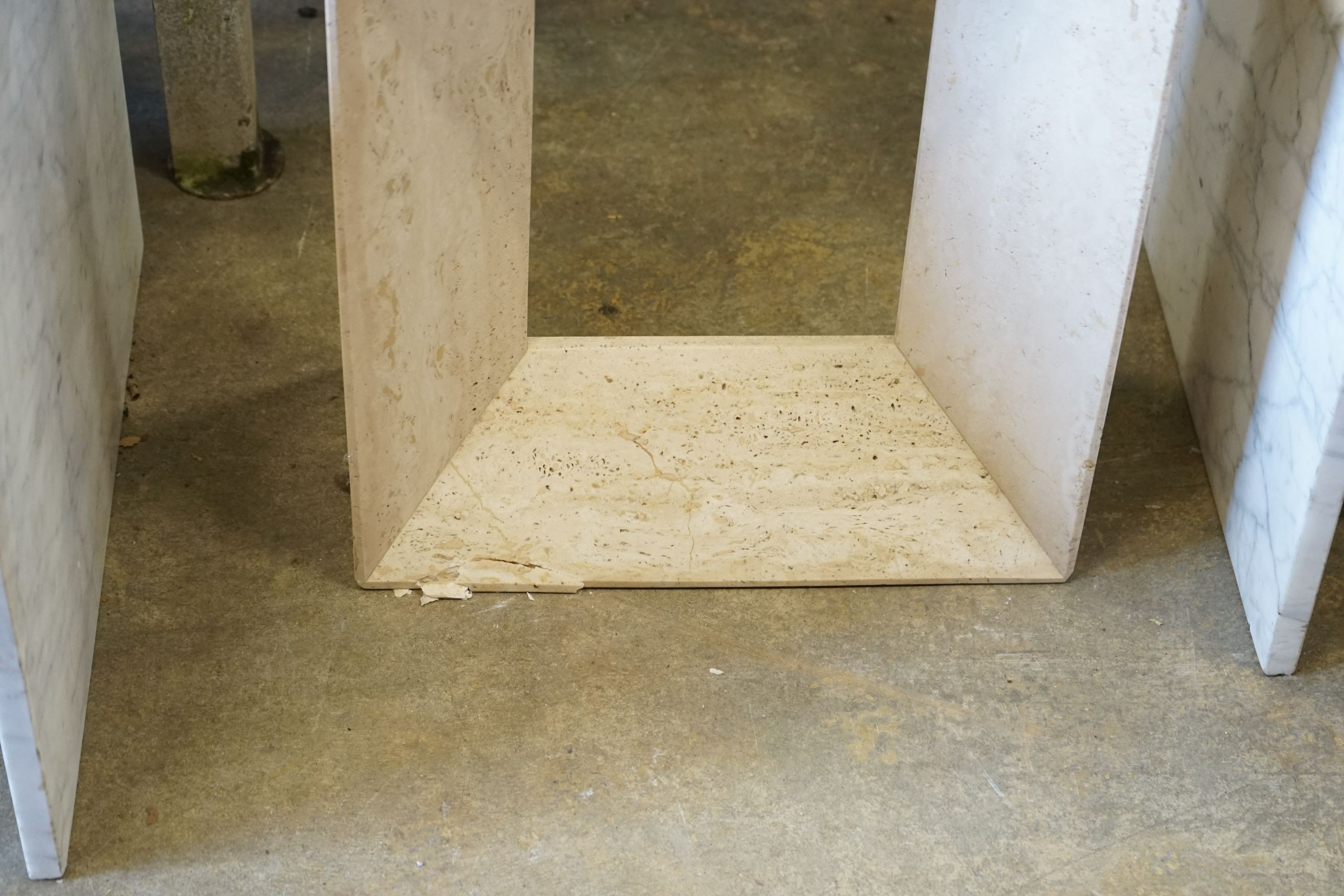 A contemporary rectangular glass topped and reconstituted marble console table, width 130cm, depth 33cm, height 72cm